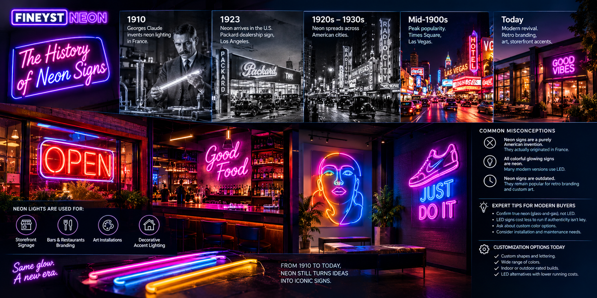 Neon sign history infographic: 1910 invention to modern LED signs, timeline, common uses, and neon vs LED myths explained