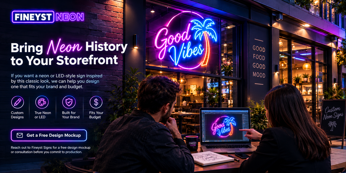 Custom neon storefront sign design by Fineyst Neon, showing Good Vibes palm tree sign and free design mockup consultation offer