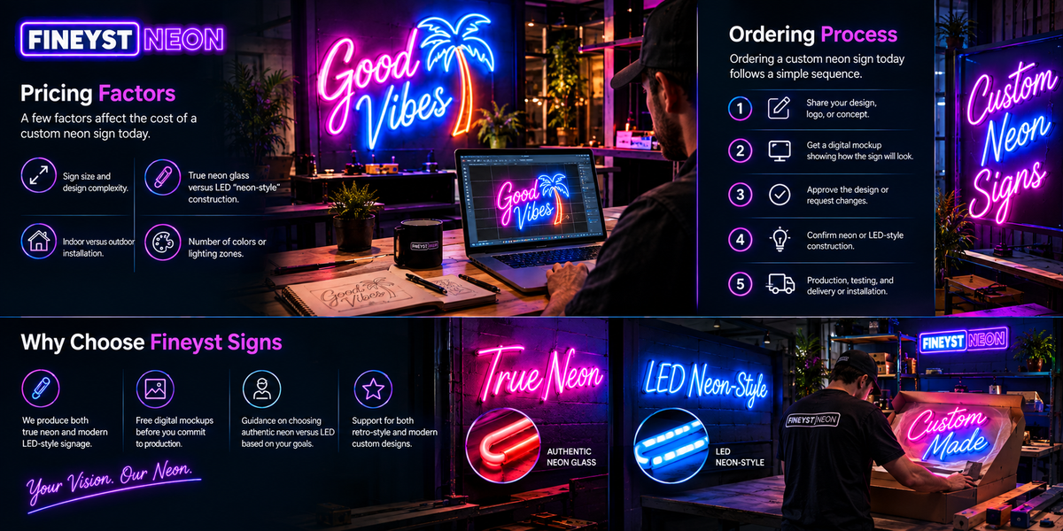 Custom neon sign pricing guide and 5-step ordering process infographic by Fineyst Neon, covering true neon vs LED-style signage options
