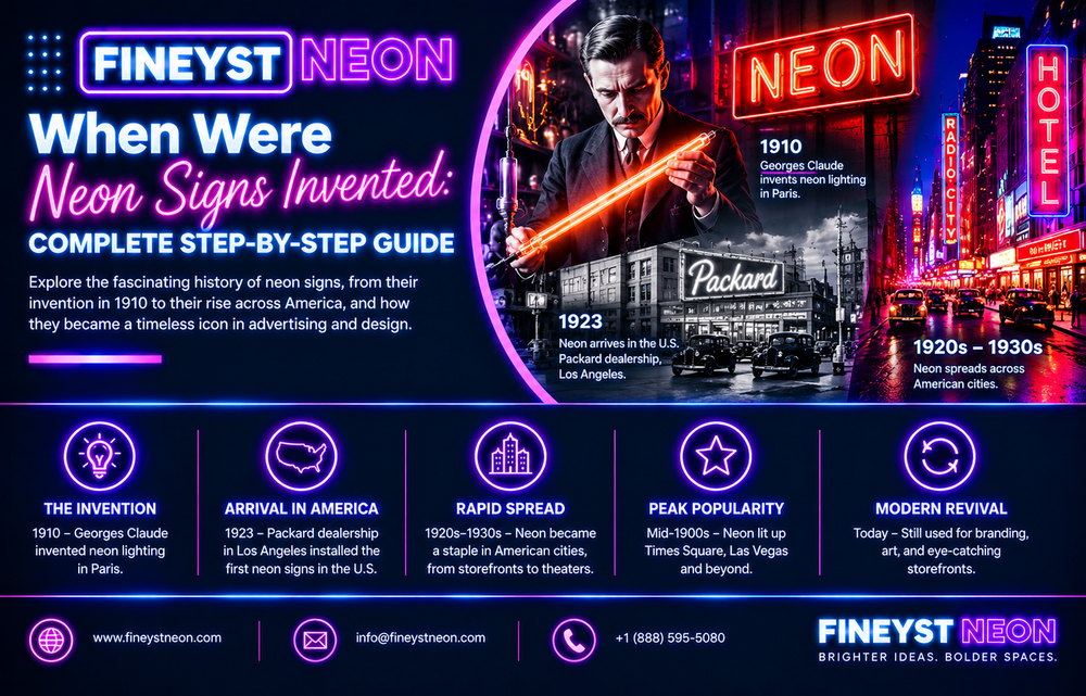 When were neon signs invented: complete history guide from Georges Claude's 1910 invention to modern neon revival, by Fineyst Neon