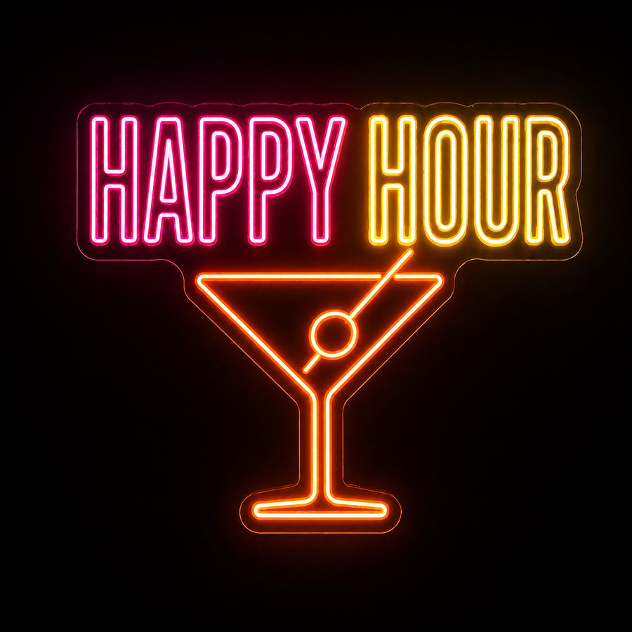 Happy Hour martini LED neon sign by Fineyst Neon in Pink, Yellow & Orange on clear acrylic