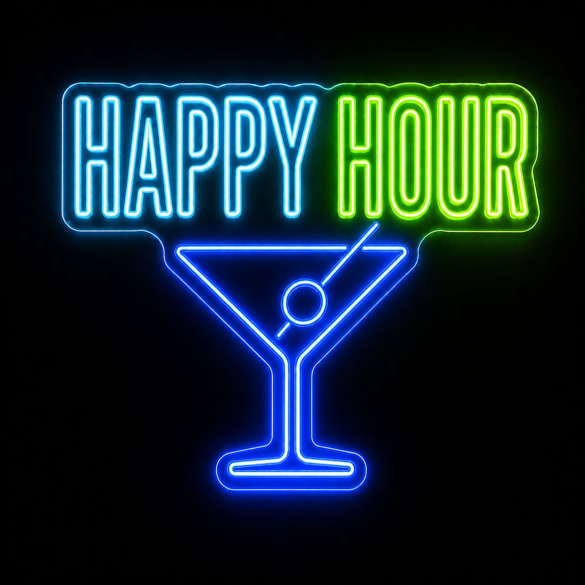 Happy Hour martini LED neon sign by Fineyst Neon in Aqua, Green & Blue on clear acrylic