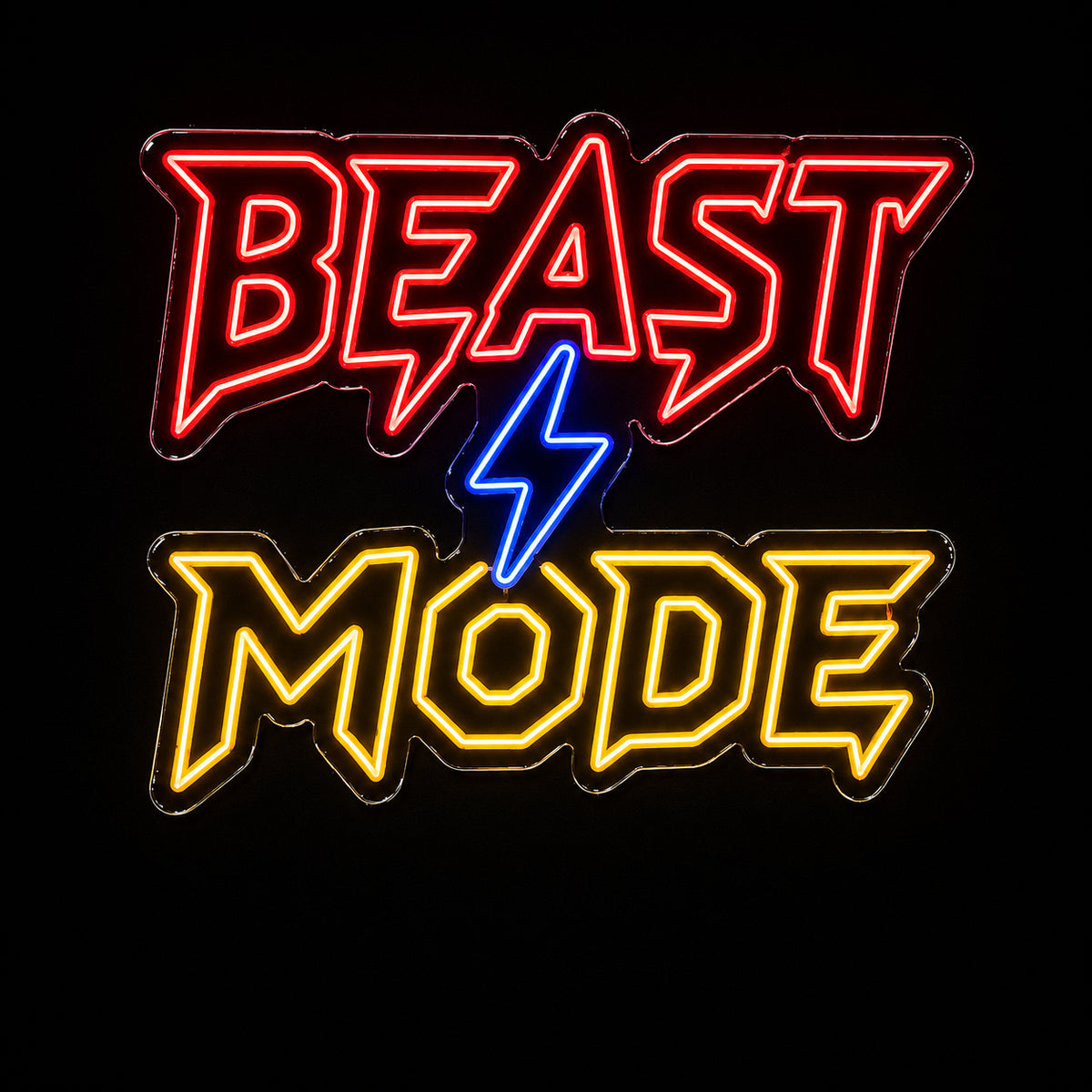 Beast Mode LED neon sign with lightning bolt by Fineyst Neon in Red, Blue & Yellow on clear acrylic