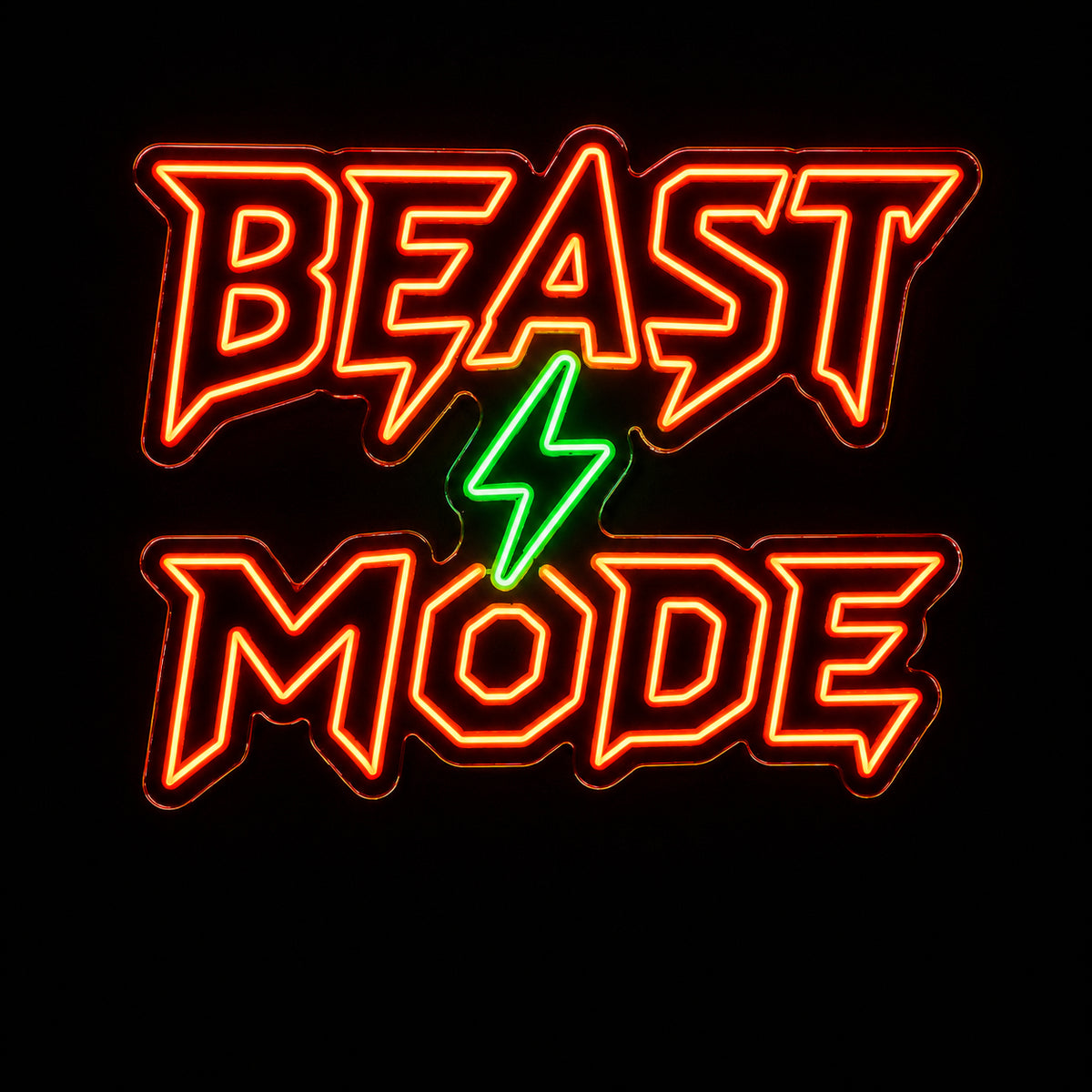 Beast Mode LED neon sign with lightning bolt by Fineyst Neon in Orange & Green on clear acrylic