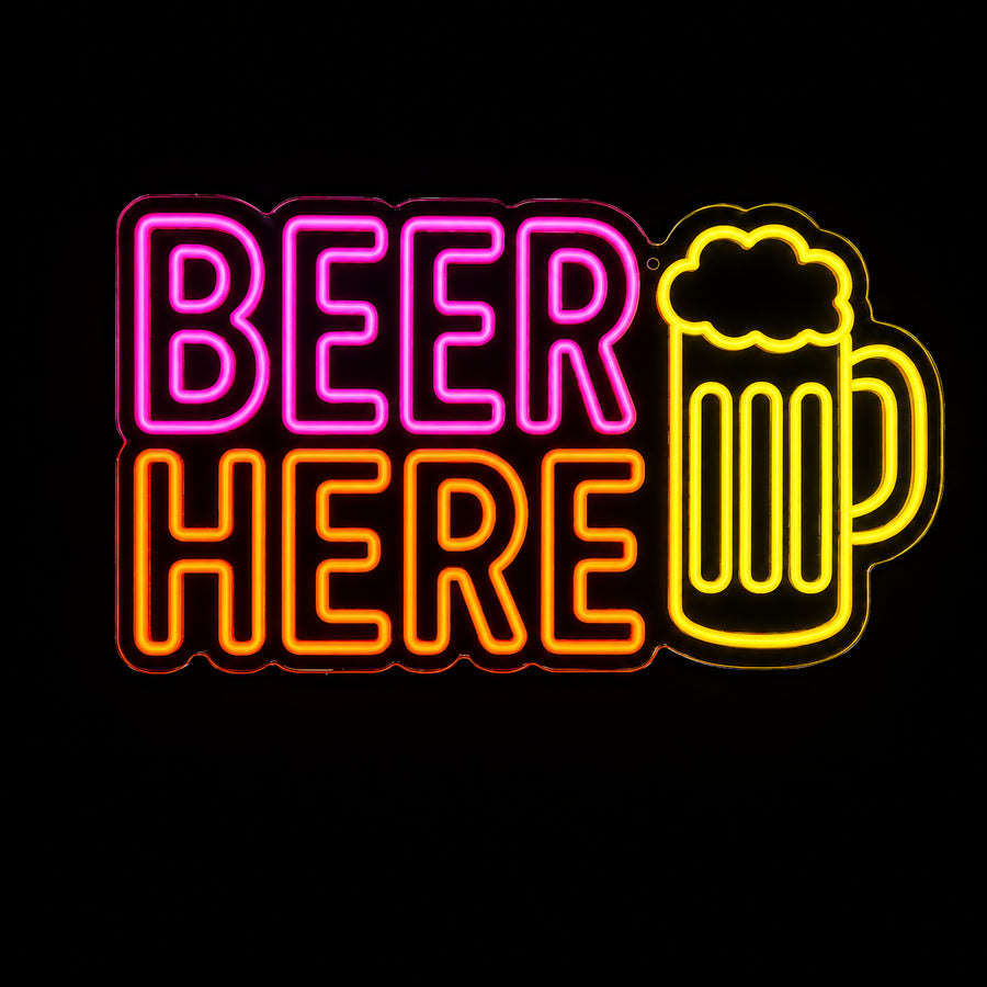 Beer Here LED neon sign with beer mug by Fineyst Neon in Pink, Orange & Yellow on clear acrylic