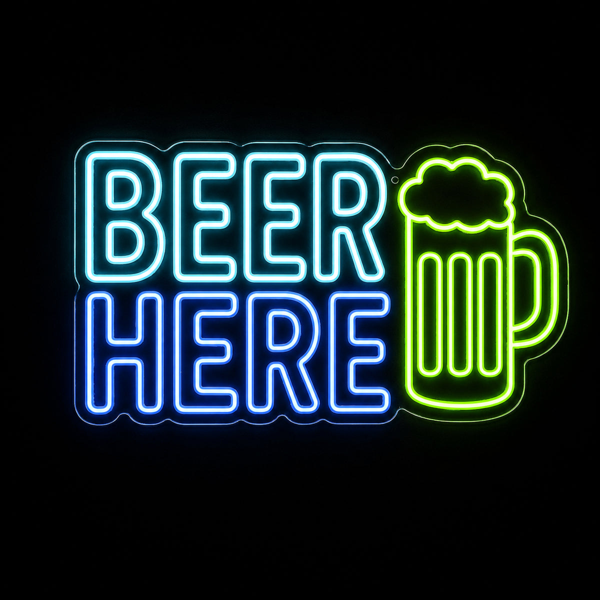 Beer Here LED neon sign with beer mug by Fineyst Neon in Aqua, Blue & Green on clear acrylic