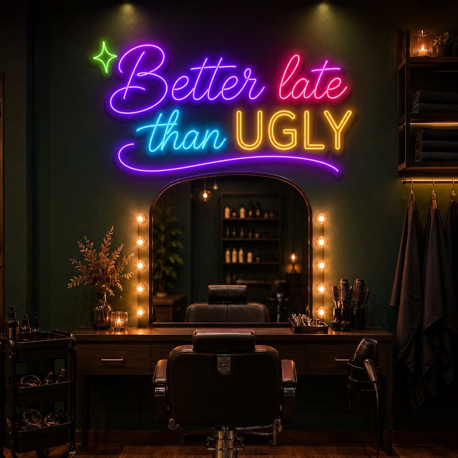 Better Late Than Ugly neon sign glowing in a hair salon