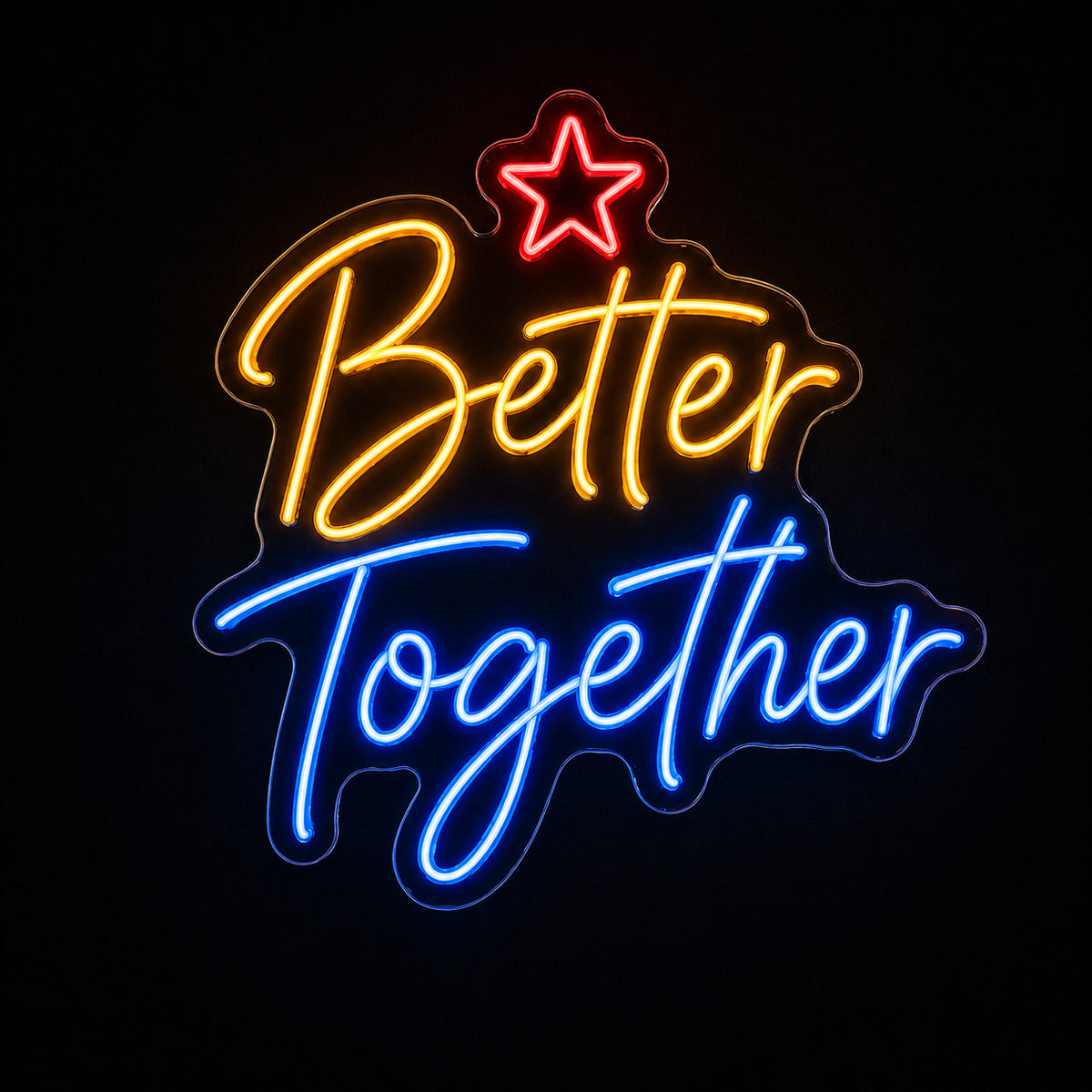 Better Together script LED neon sign with star by Fineyst Neon in Yellow, Red & Blue on clear acrylic