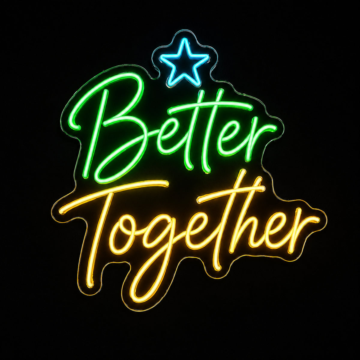 Better Together script LED neon sign with star by Fineyst Neon in Green, Yellow & Aqua on clear acrylic