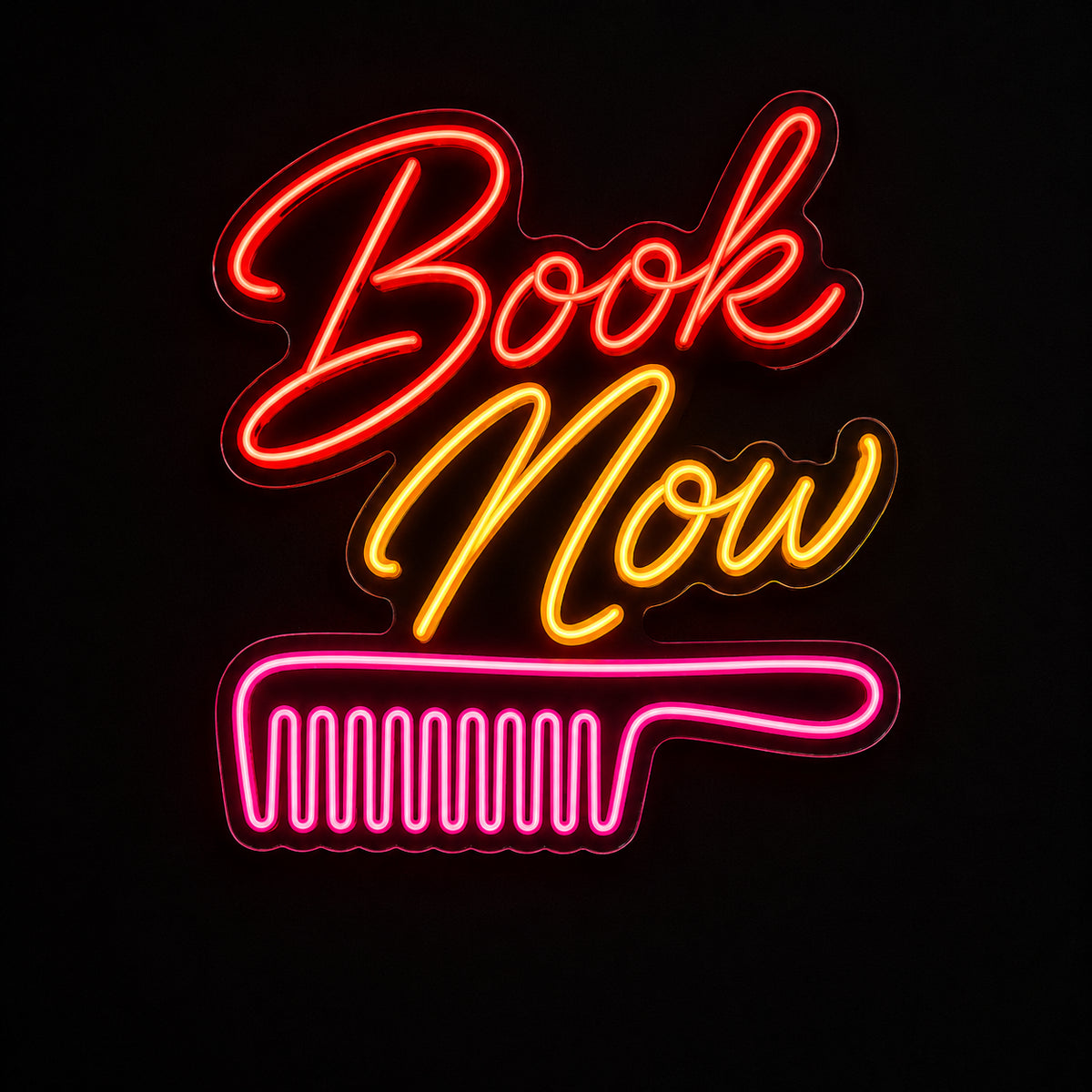 Book Now salon LED neon sign with comb by Fineyst Neon in Red, Orange & Pink on clear acrylic