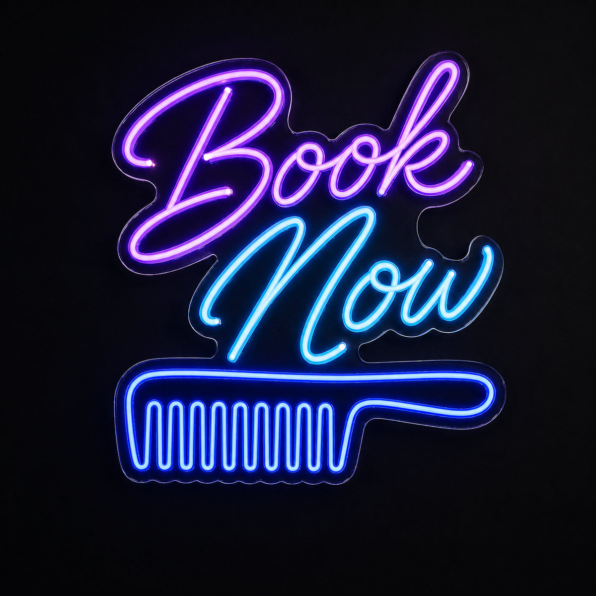 Book Now salon LED neon sign with comb by Fineyst Neon in Purple, Aqua & Blue on clear acrylic
