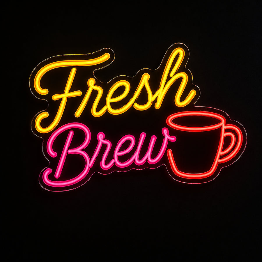 Fresh Brew coffee LED neon sign with mug by Fineyst Neon in Yellow, Pink & Red on clear acrylic