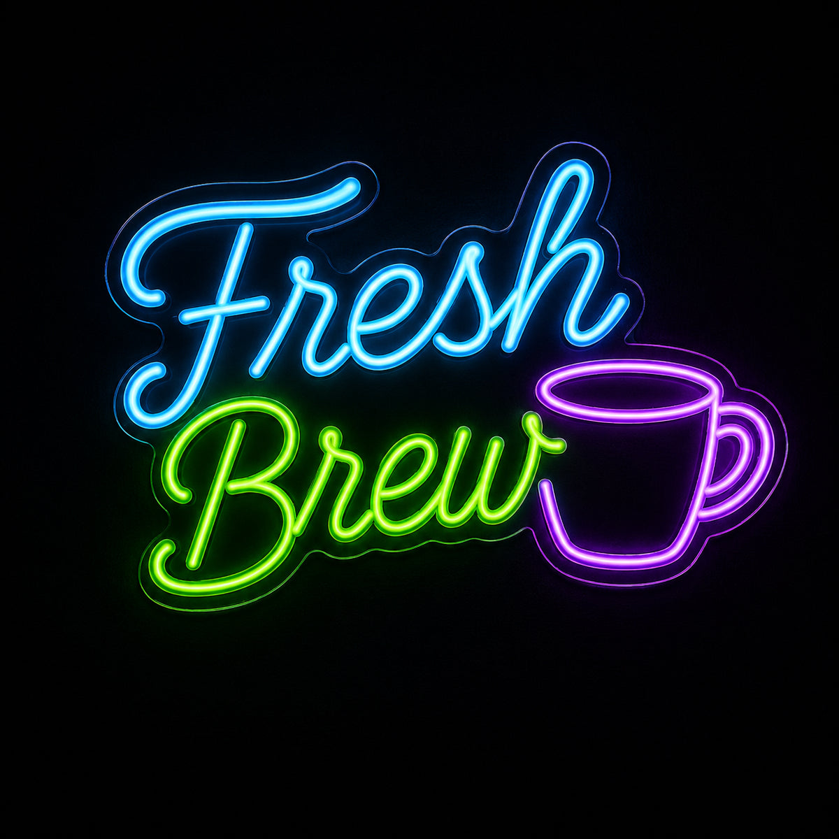 Fresh Brew coffee LED neon sign with mug by Fineyst Neon in Blue, Green & Purple on clear acrylic
