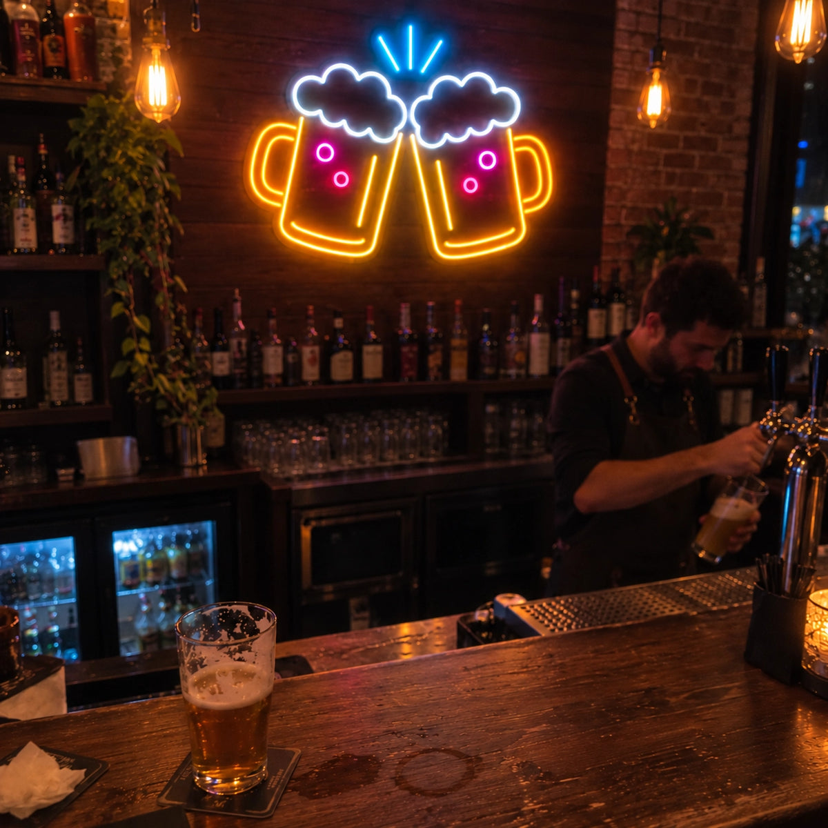 Cheers beer mugs LED neon sign above a pub back bar