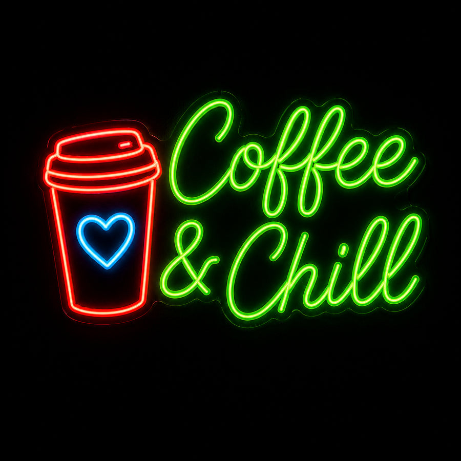 Coffee & Chill LED neon sign with coffee cup by Fineyst Neon in Red, Blue & Green on clear acrylic