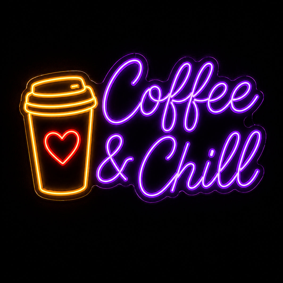 Coffee & Chill LED neon sign with coffee cup by Fineyst Neon in Orange, Red & Purple on clear acrylic
