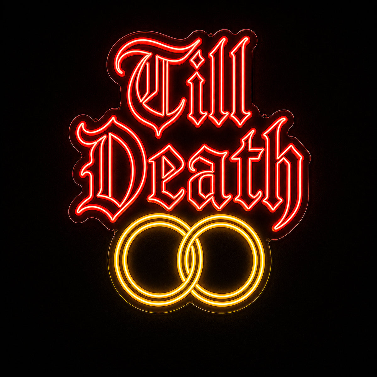 Till Death gothic LED neon sign with wedding rings by Fineyst Neon in Red & Yellow on clear acrylic