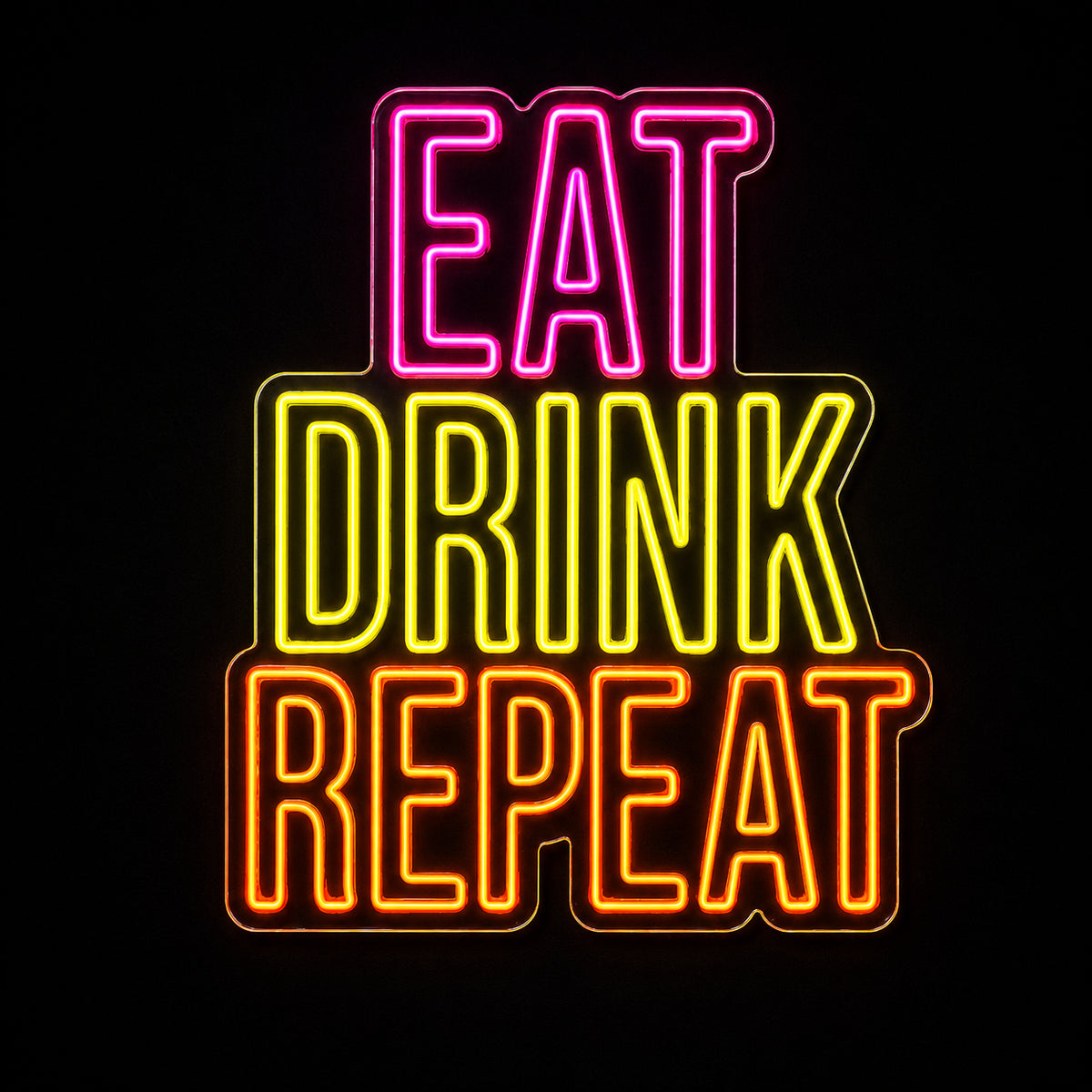 Eat Drink Repeat LED neon sign by Fineyst Neon in Pink, Yellow & Orange on clear acrylic