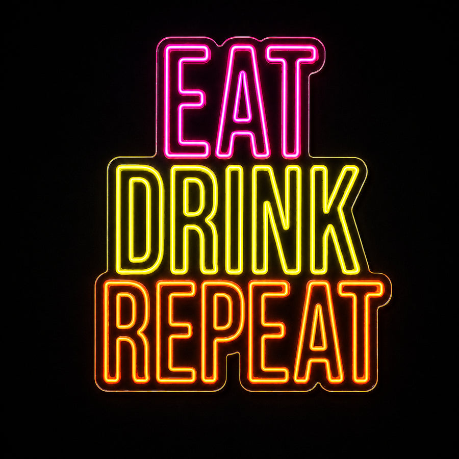 Eat Drink Repeat LED neon sign by Fineyst Neon in Pink, Yellow & Orange on clear acrylic