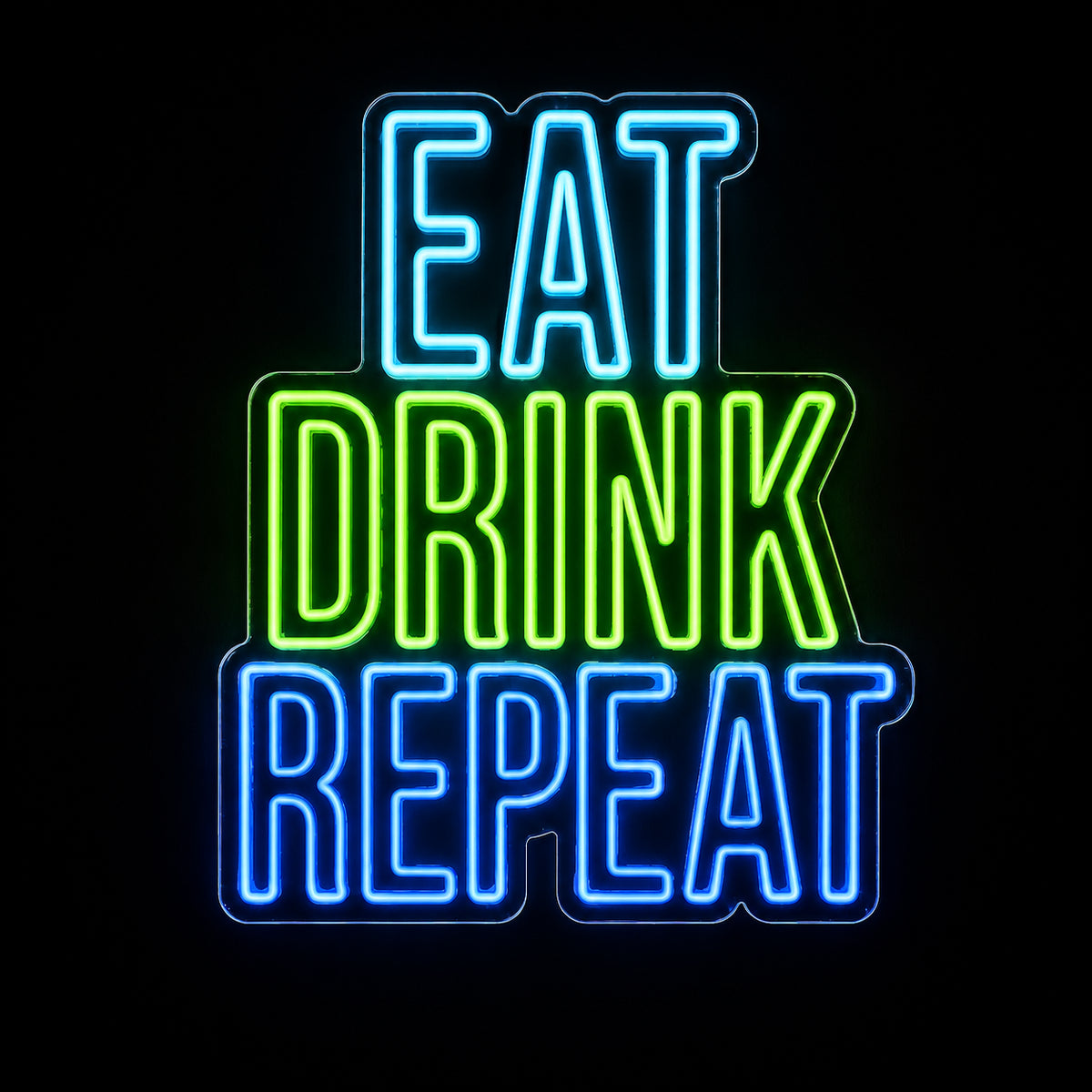 Eat Drink Repeat LED neon sign by Fineyst Neon in Aqua, Green & Blue on clear acrylic