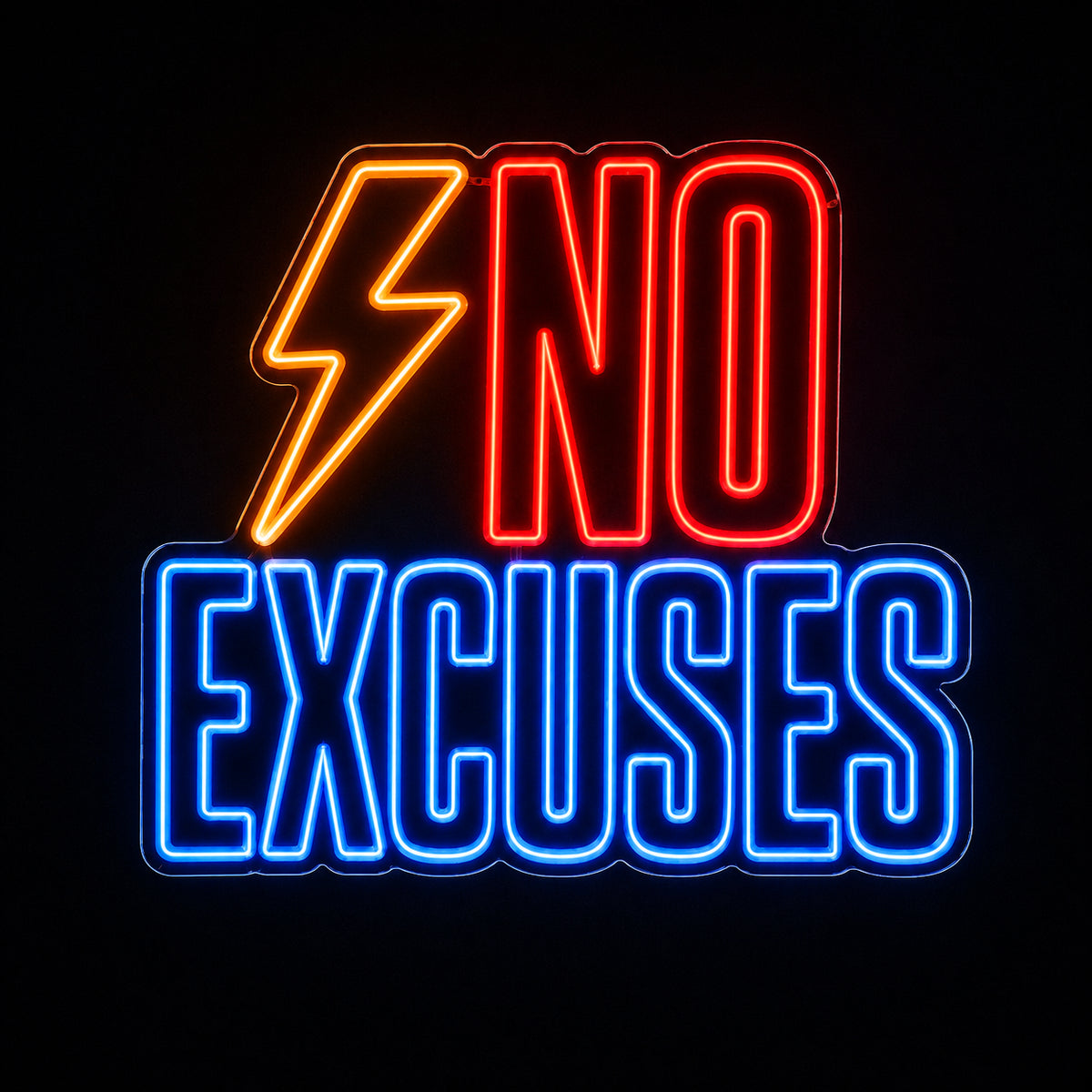 No Excuses gym LED neon sign with lightning bolt by Fineyst Neon in Orange, Red & Blue on clear acrylic