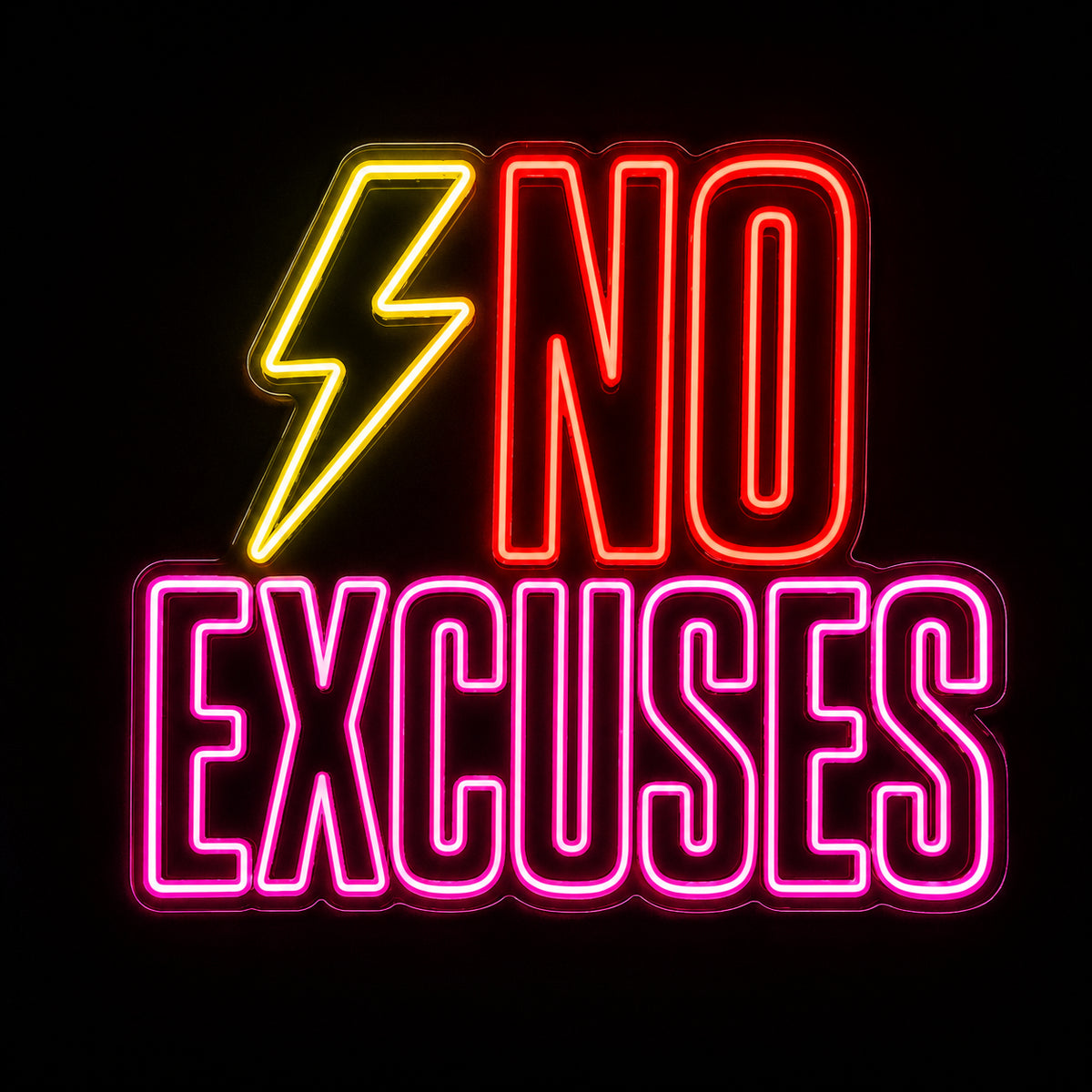 No Excuses gym LED neon sign with lightning bolt by Fineyst Neon in Yellow, Red & Pink on clear acrylic