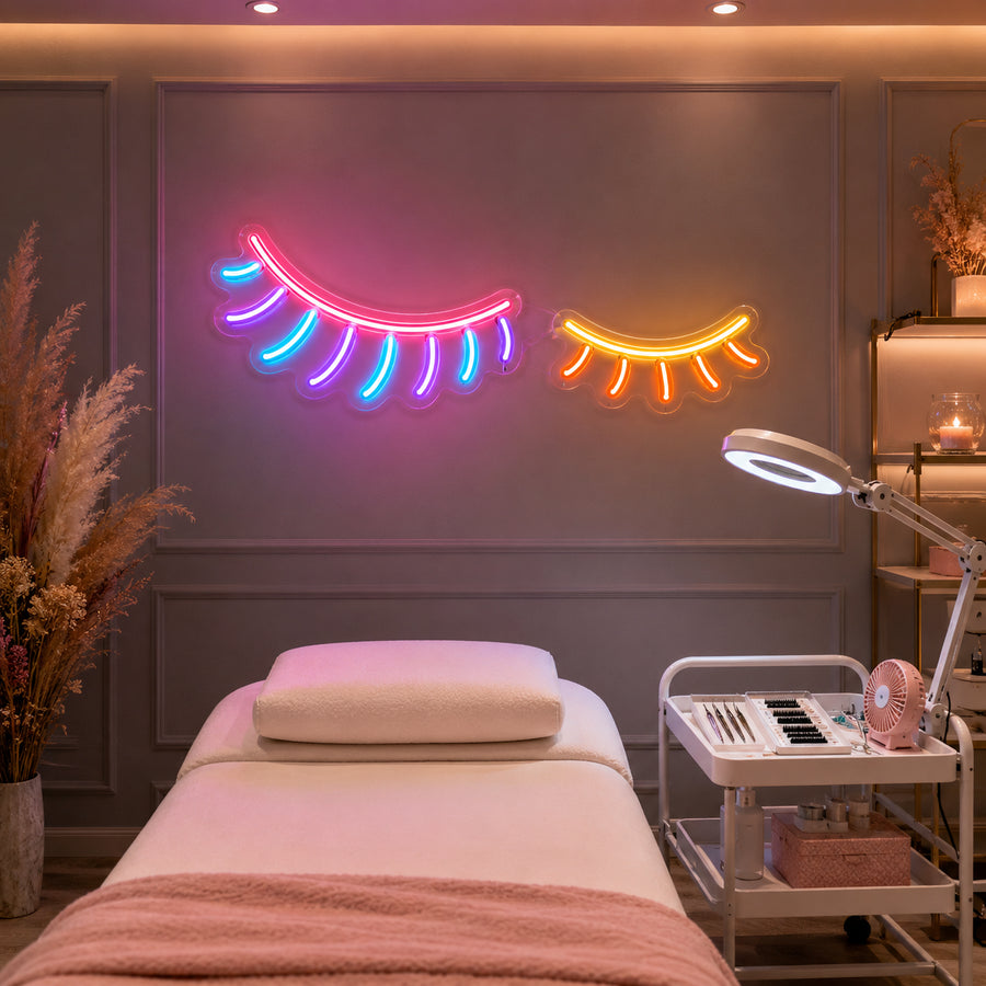 Eyelashes neon sign glowing in a lash studio beauty salon