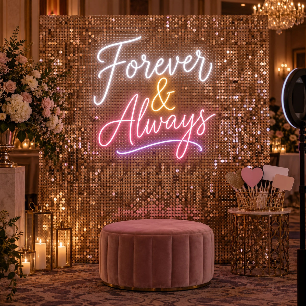 Forever and Always neon sign on a sequin wedding photo-booth wall