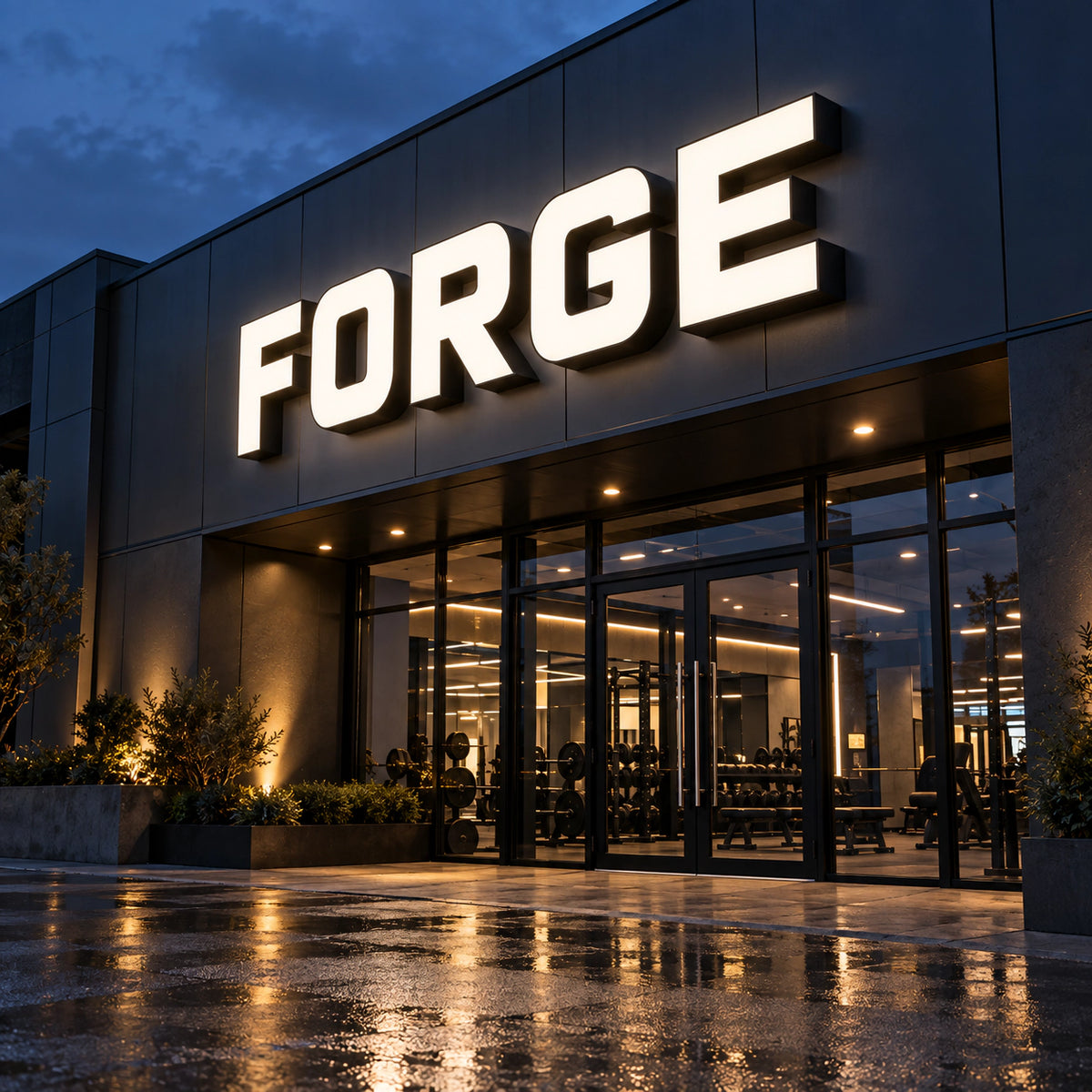 Front lit channel letter sign spelling FORGE on a gym storefront at night