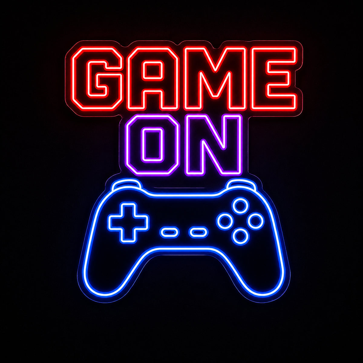 Game On LED neon sign with game controller by Fineyst Neon in Red, Purple & Blue on clear acrylic