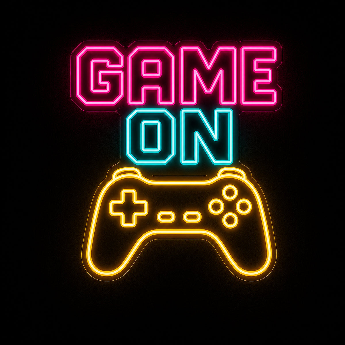 Game On LED neon sign with game controller by Fineyst Neon in Pink, Aqua & Yellow on clear acrylic