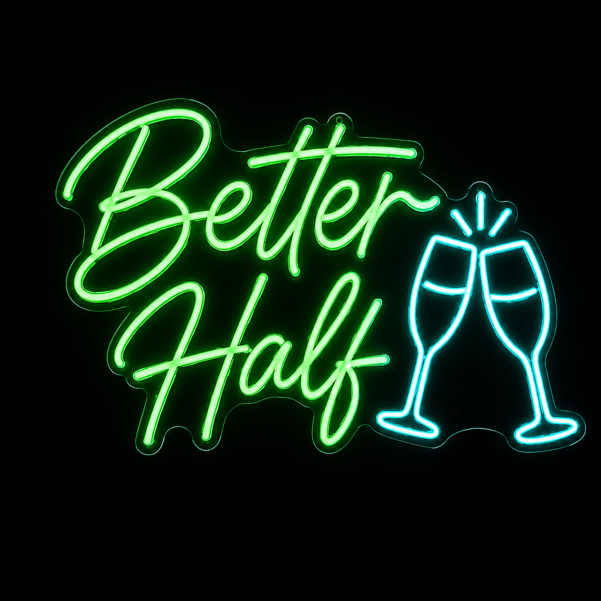 Better Half LED neon sign with champagne glasses by Fineyst Neon in Green & Aqua on clear acrylic