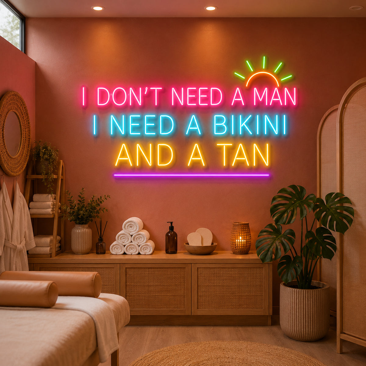 I Don't Need A Man Bikini And A Tan neon sign glowing in a spa