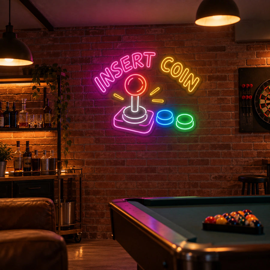 Insert Coin Arcade Neon Sign by Fineyst Neon, multi-colour LED neon sign on a gaming room wall