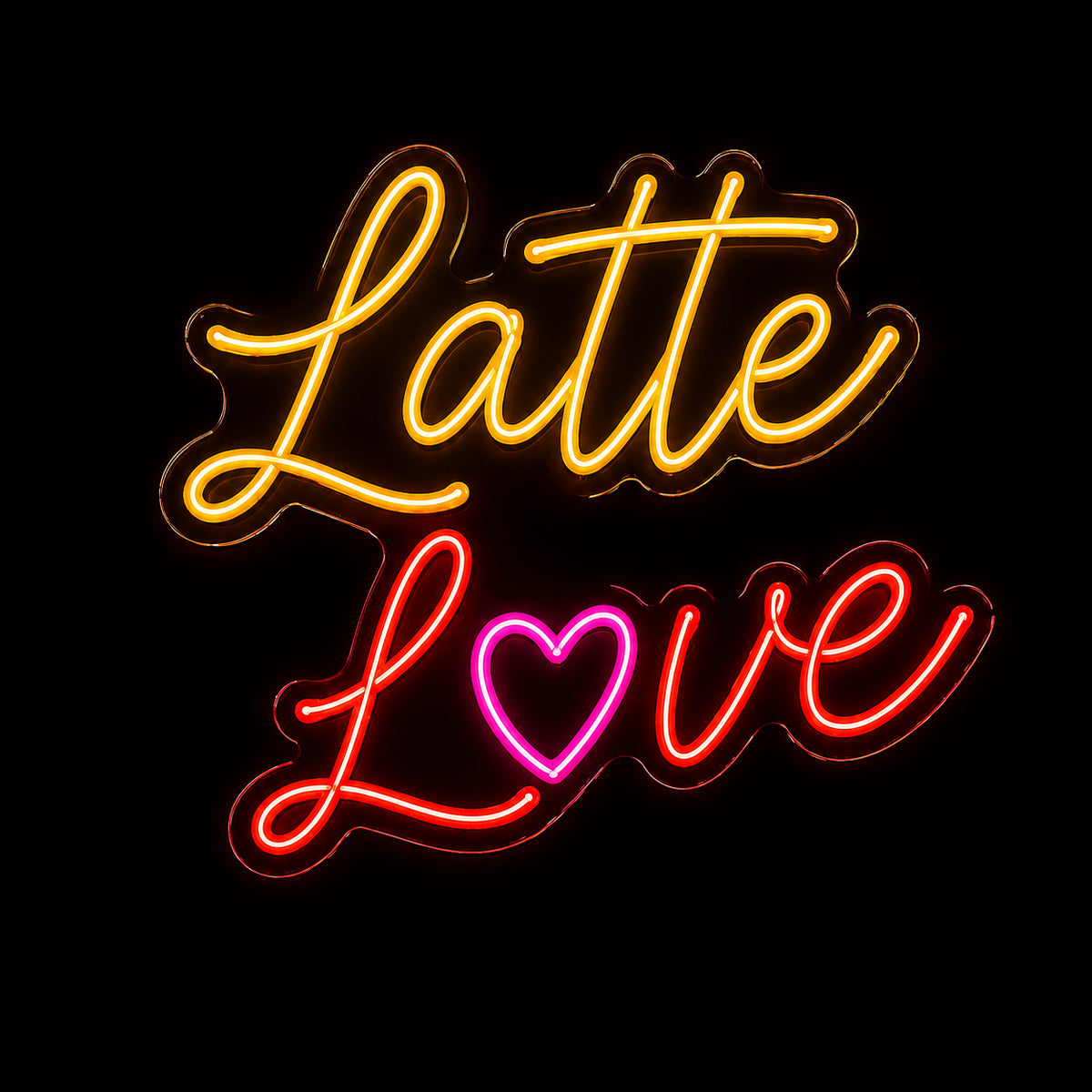 Latte Love LED neon sign with heart by Fineyst Neon in Yellow, Red & Pink on clear acrylic
