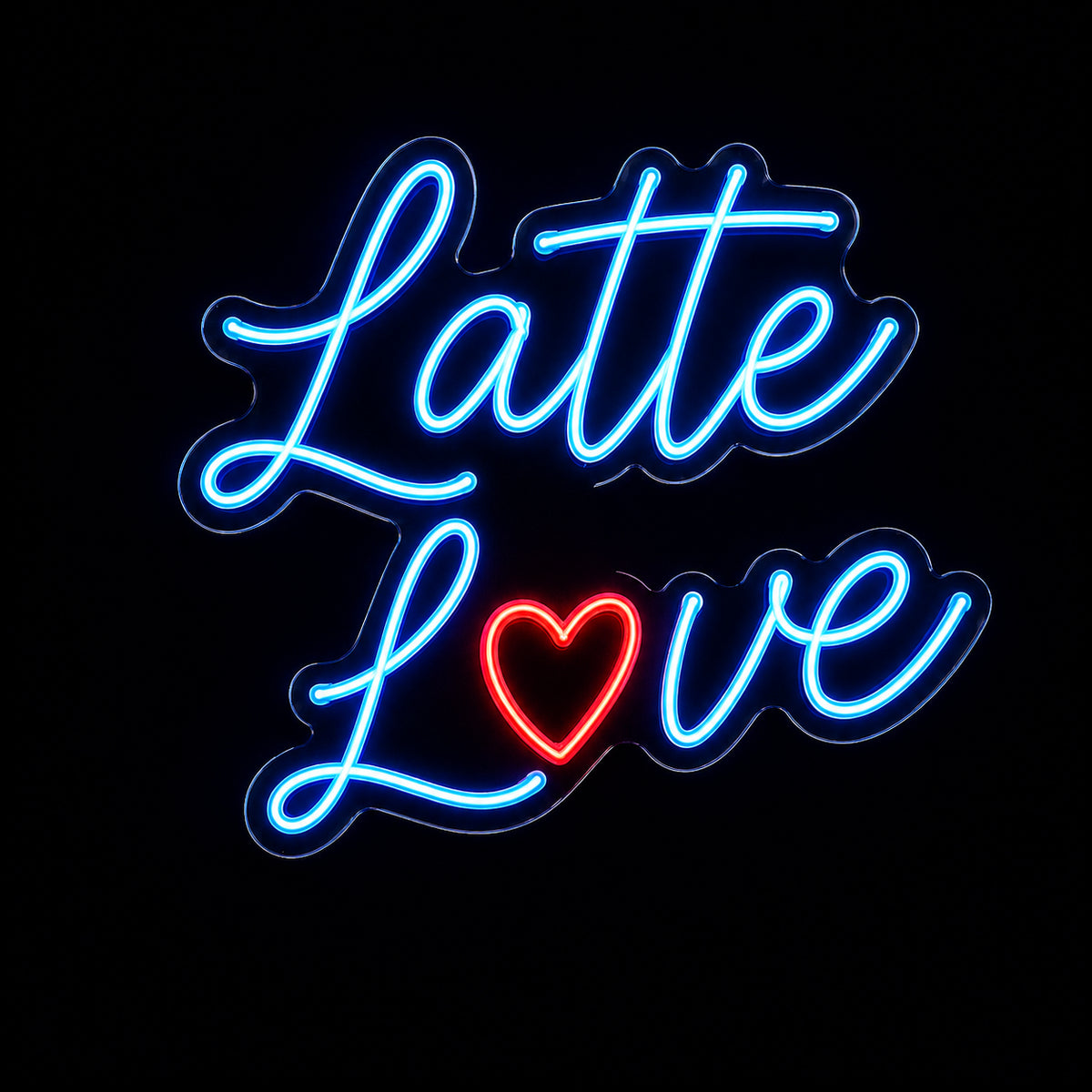 Latte Love LED neon sign with heart by Fineyst Neon in Blue & Red on clear acrylic