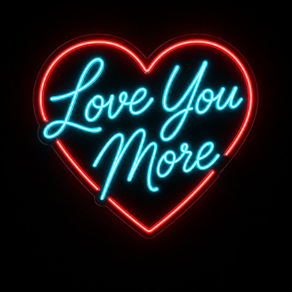 Love You More LED neon sign inside a heart by Fineyst Neon in Red & Aqua on clear acrylic