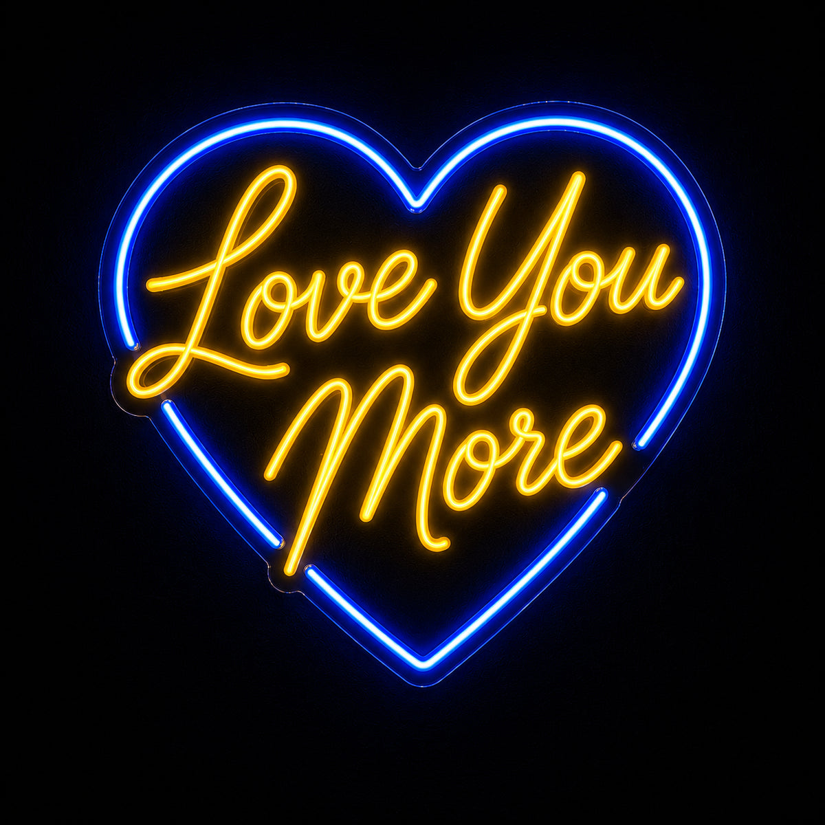 Love You More LED neon sign inside a heart by Fineyst Neon in Blue & Yellow on clear acrylic