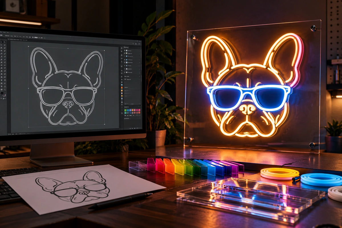 French bulldog sketch on a monitor and paper beside the finished neon sign on clear acrylic