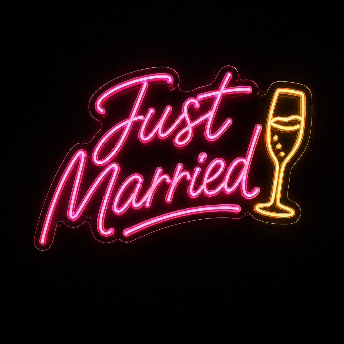 Just Married LED neon sign with champagne flute by Fineyst Neon in Pink & Yellow on clear acrylic