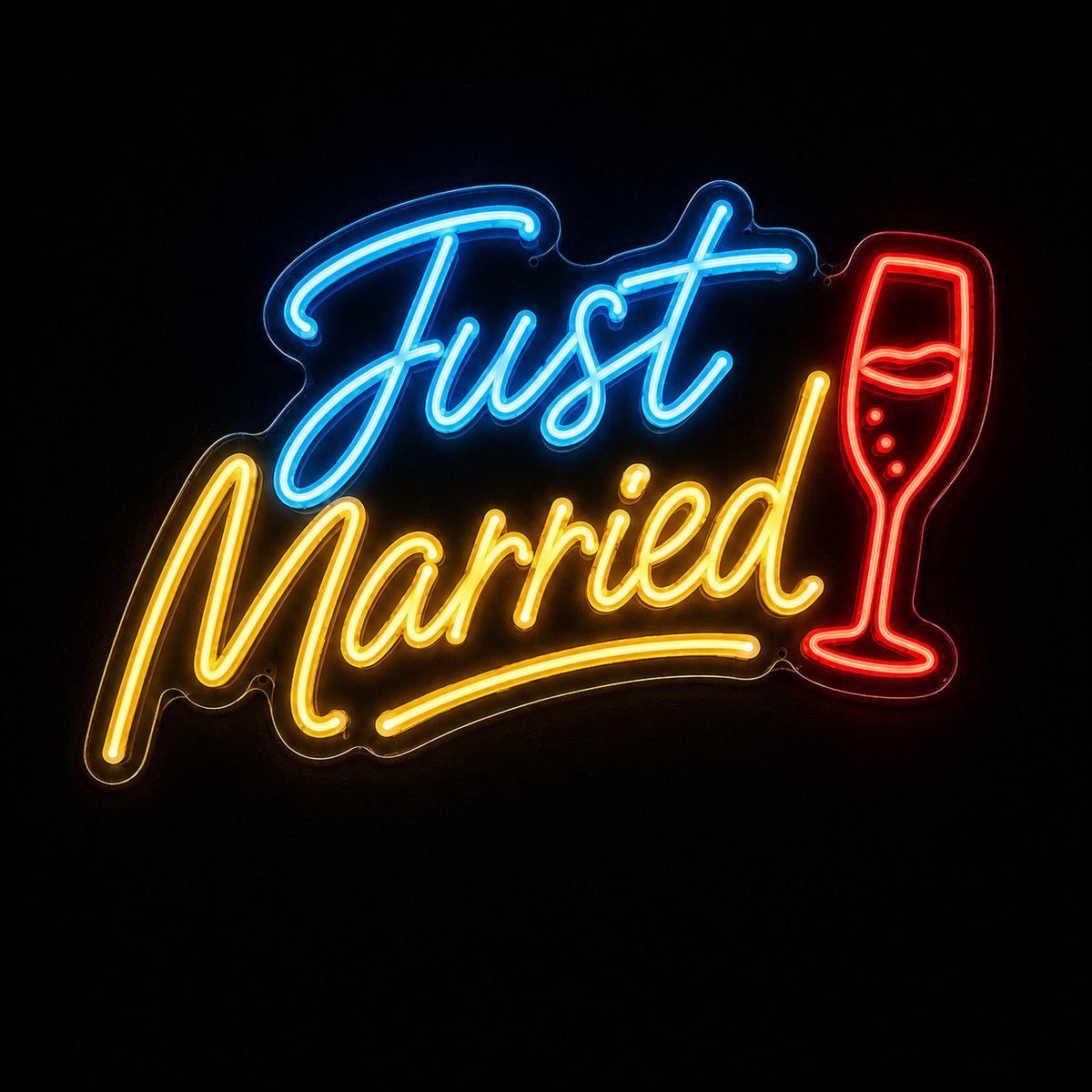Just Married LED neon sign with champagne flute by Fineyst Neon in Blue, Yellow & Red on clear acrylic