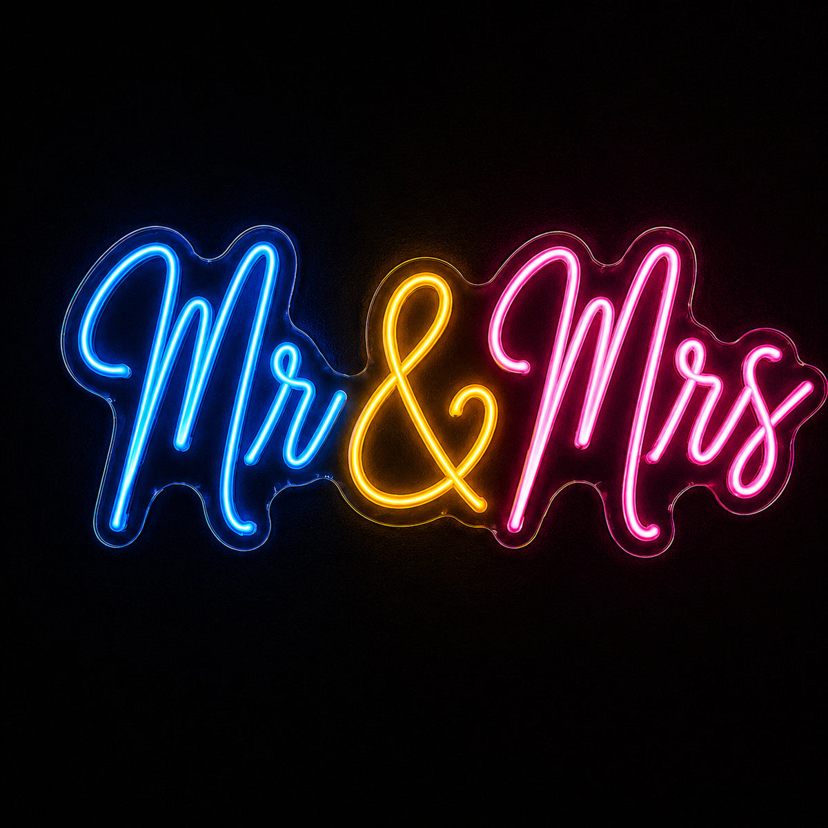 Mr & Mrs script LED neon sign by Fineyst Neon in Blue, Yellow & Pink on clear acrylic