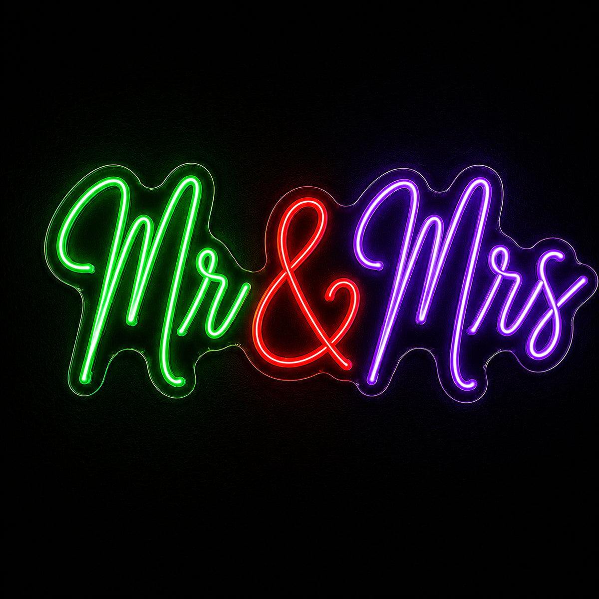 Mr & Mrs script LED neon sign by Fineyst Neon in Green, Red & Purple on clear acrylic