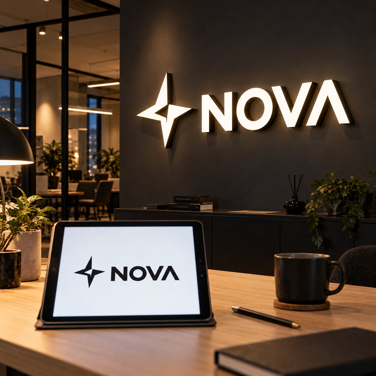Custom business logo sign with a star icon and lit 3D letters on an office reception wall