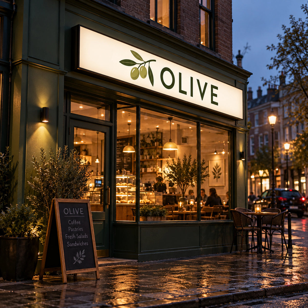 Illuminated light box sign with a printed olive logo above a cafe shopfront at dusk