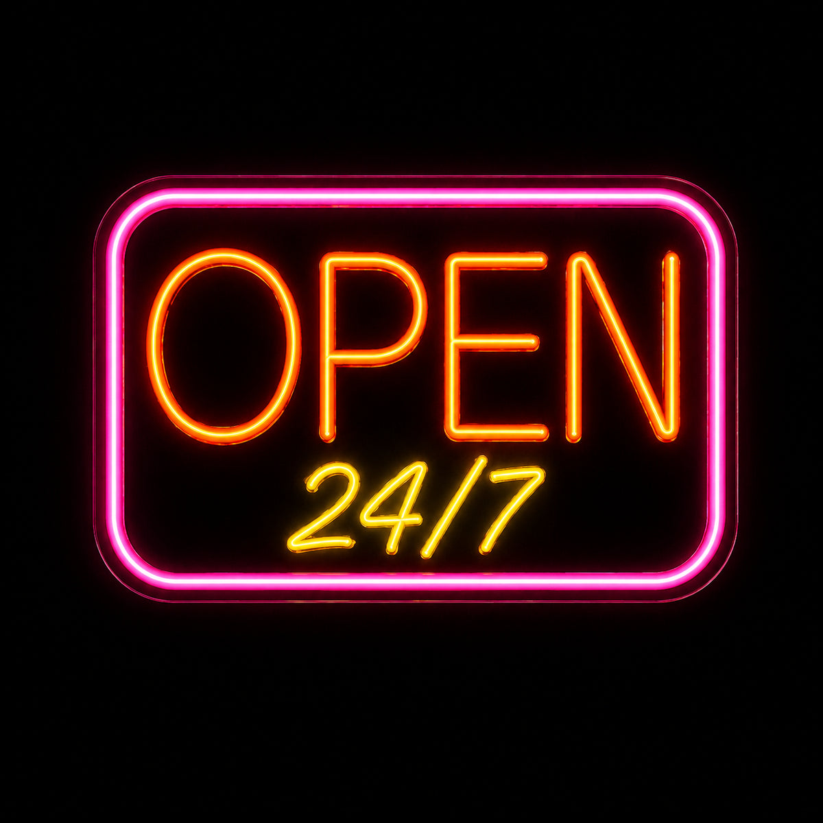 Open 24/7 LED neon sign by Fineyst Neon in Pink, Orange & Yellow on clear acrylic