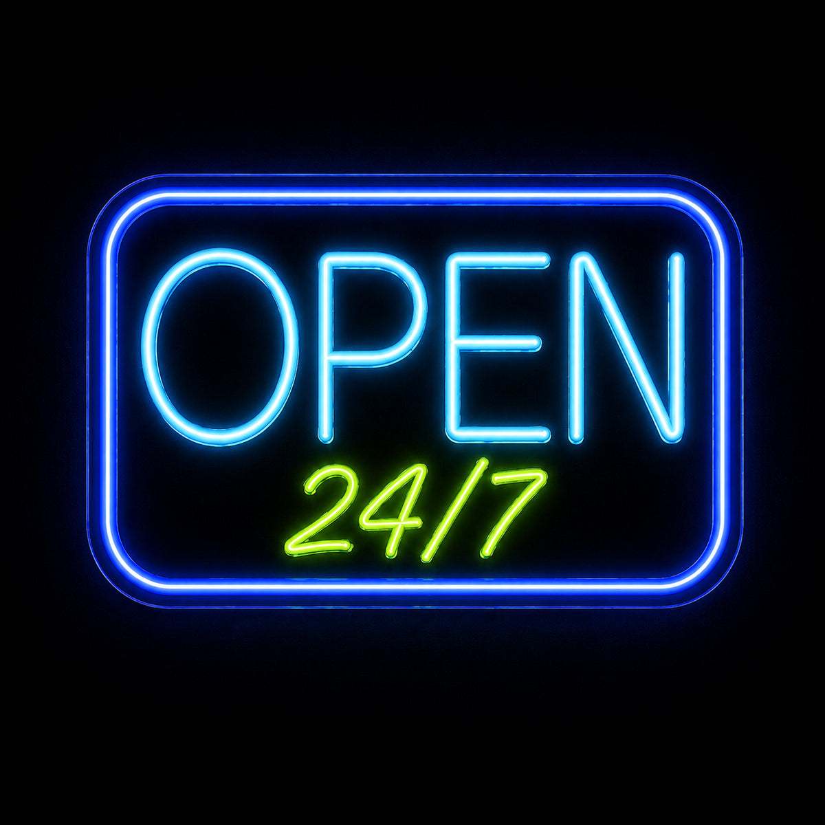 Open 24/7 LED neon sign by Fineyst Neon in Blue, Aqua & Green on clear acrylic