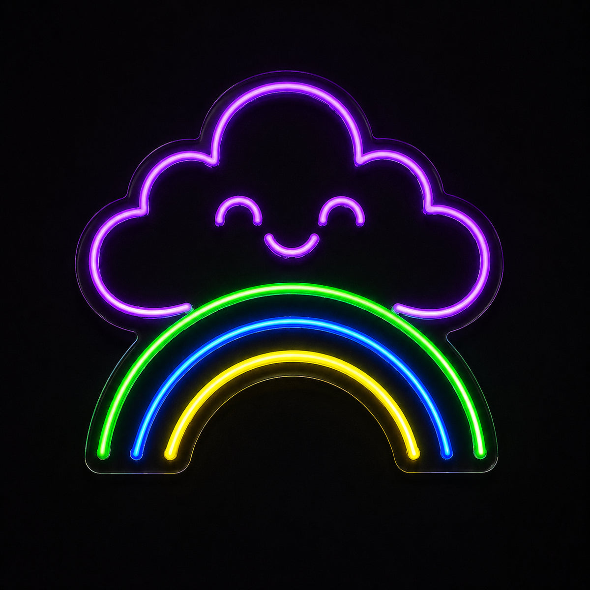 Smiling cloud rainbow LED neon sign by Fineyst Neon in Purple, Green, Blue & Yellow on clear acrylic