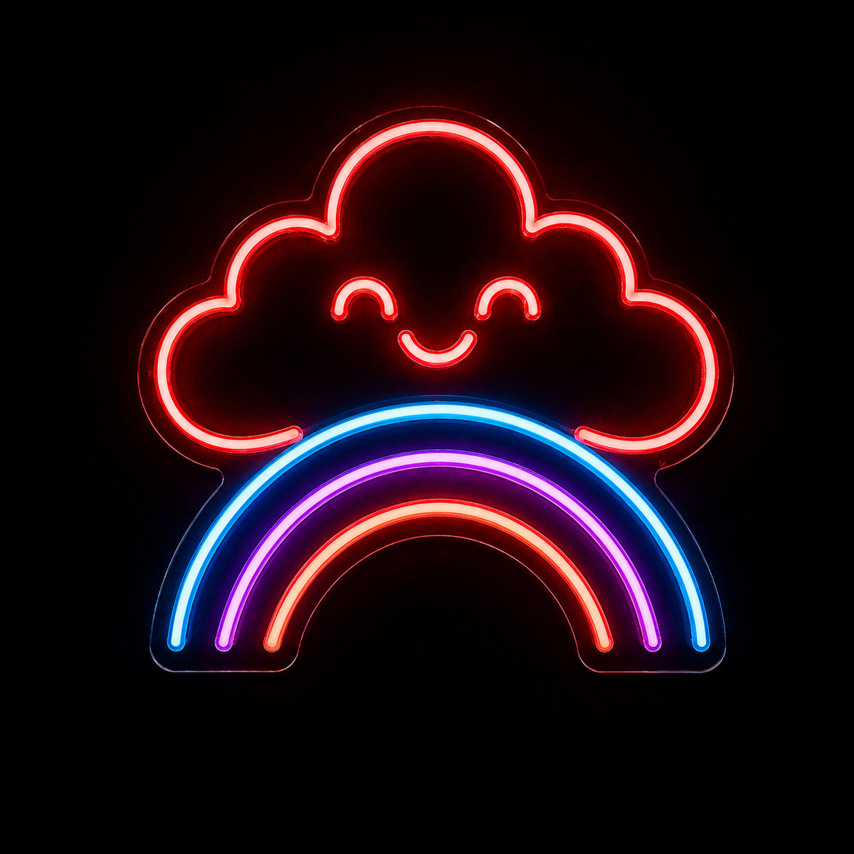 Smiling cloud rainbow LED neon sign by Fineyst Neon in Red, Blue, Purple & Orange on clear acrylic