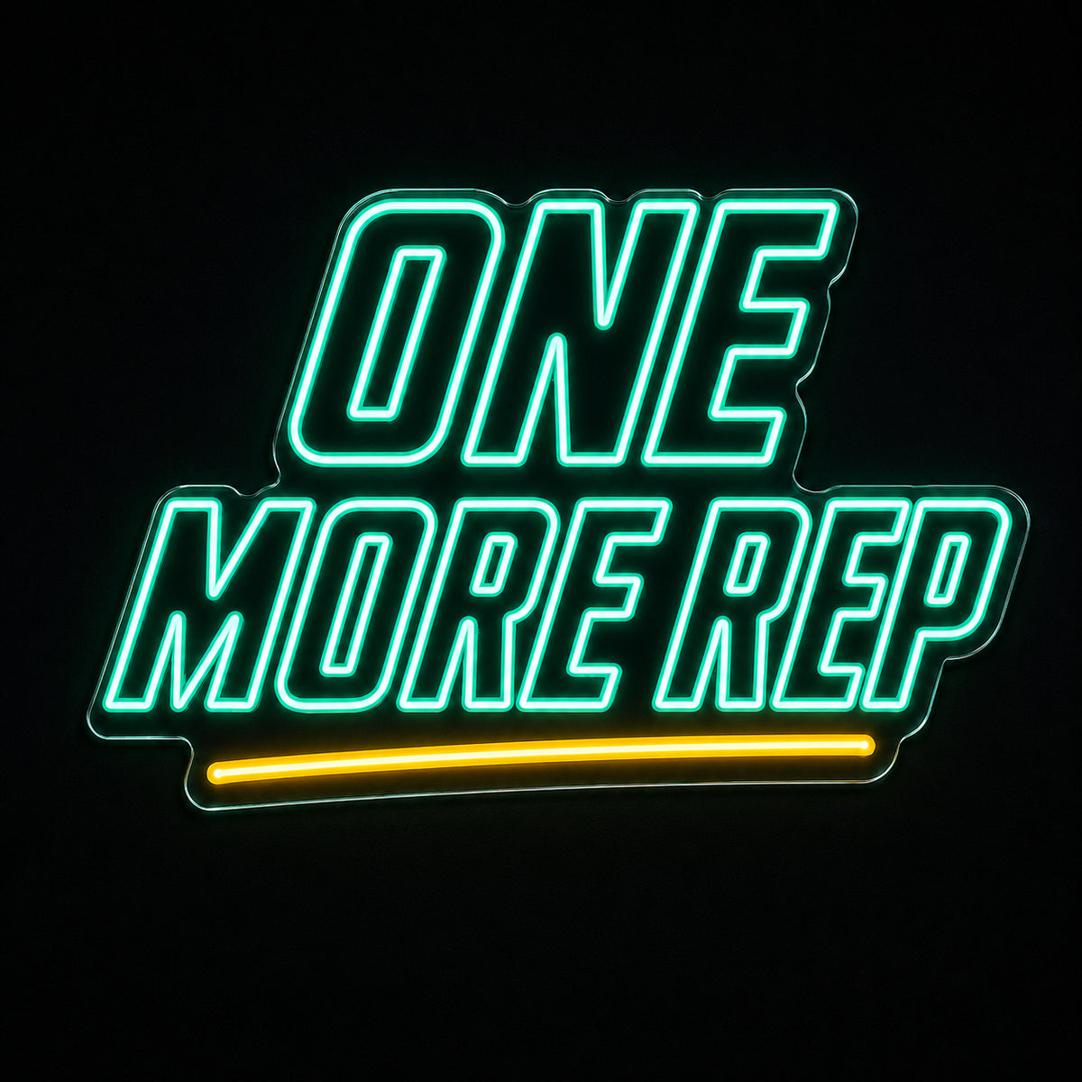 One More Rep gym LED neon sign by Fineyst Neon in Teal & Yellow on clear acrylic